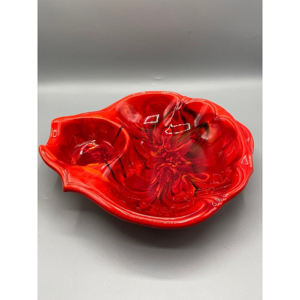 Vintage California Original Pottery Chip Dip Serving Bowl  Red Drip Glaze USA